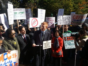 Photo Courtesy of Robert Noonan Students and council members protested credit checks outside the Borough of Manhattan Community College on Oct. 15. 