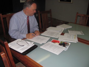 Photo by Brandon Jordan Queens College President Felix Matos Rodriguez adjusts to his new job in his temporary office located in Queens Hall.