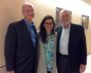 Photo by Christina Cardona Nicole Krauss (center) visited Queens College for another Evening Readings series after an introduction by Joseph Cuomo (left) and Leonard Lopate. 