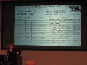 Photo by Brandon Jordan Kirsten Weld spoke about looking into the archive of the Guatemalan dictatorship. In the above photograph, Weld shows one document she discovered.